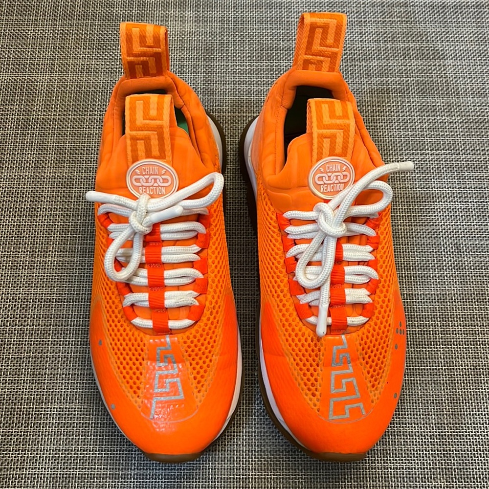 Versace Women's Chain Reaction Neon Orange Greek Key Sneakers 👟